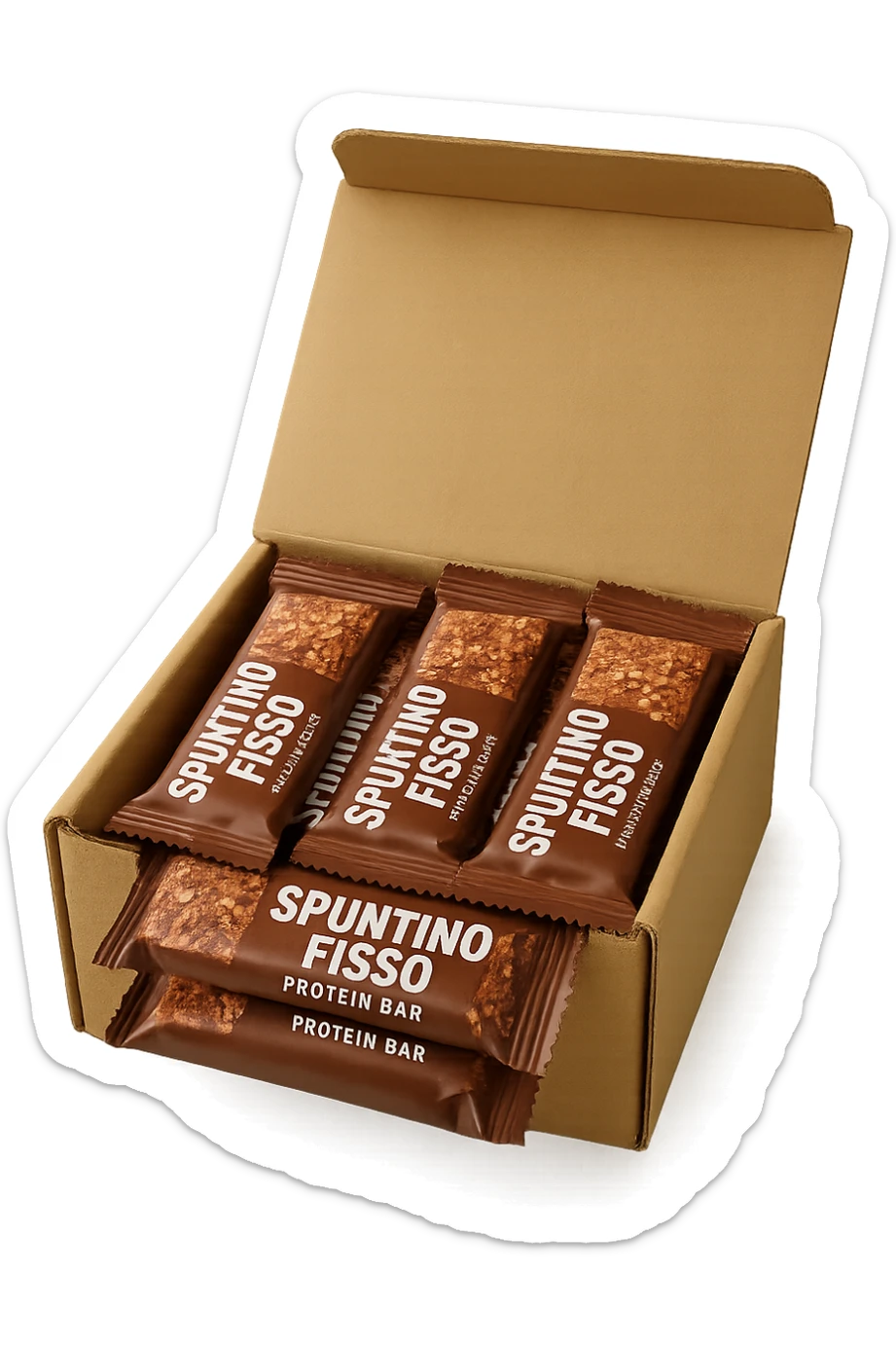 scatola aperta piena di barrette proteiche, con la scritta "SPUNTINO FISSO" SULLA CONFEZIONE in italiano,  realistici sticker