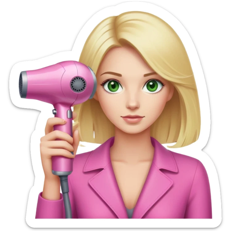 blonde woman with green eyes holding a pink Dyson hair dryer sticker