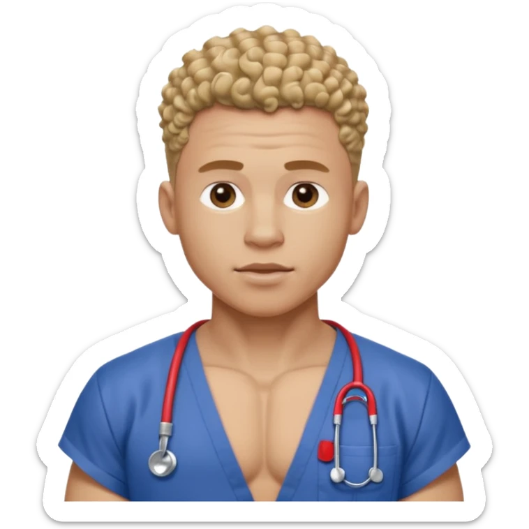 Ripped, athletic man with thick neck, high top fade with no part, curly hair only top only, no shirt and show waistline up add scrubs sticker