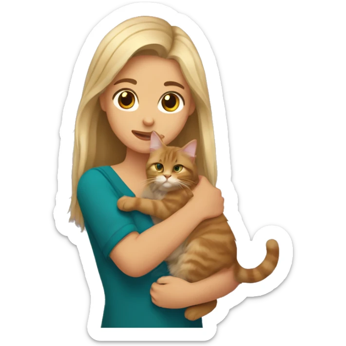A blonde girl holds a brown Maine Coon cat in her arms sticker