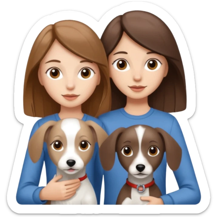 Two really cute girls, one light brown hair, one dark brown hair, tall skinny with a white Maltese and a mini greyhound sticker