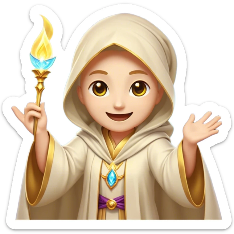 Clash of Clans aesthetic Cheerful Mage Portrait Emoji, With a bright, joyful expression and an aura of radiant magic, showcasing a stylish, robed figure with flowing garments and sparkling eyes in natural skin tone that convey boundless curiosity, Simplified yet expressive features, highly detailed, glowing with a soft, luminous mystical light, high shine, upbeat and wise, stylized with an air of fantastical wizardry, soft glowing outline, capturing the essence of a cheerful mage ready to cast spells of wonder on legendary quests! sticker