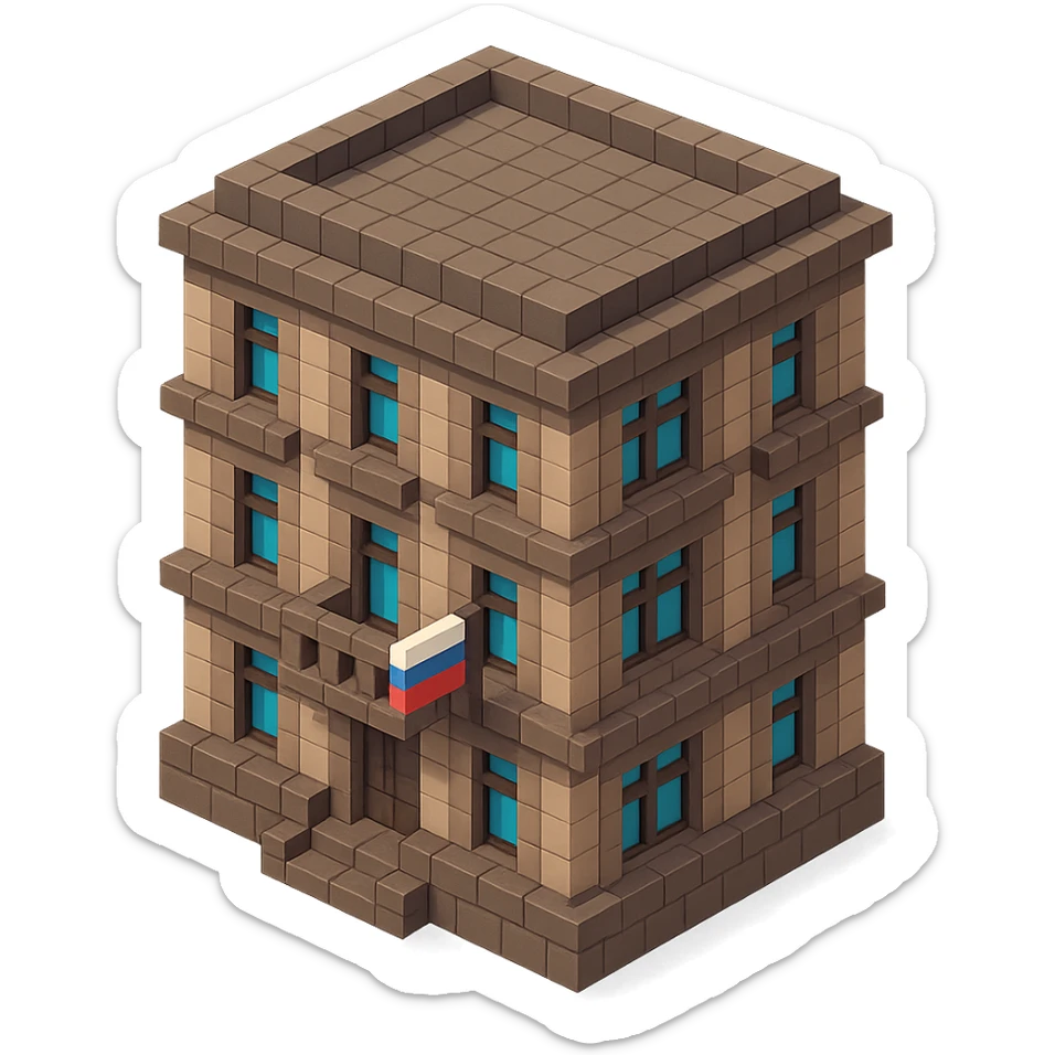 old Saint Petersburg building in voxel style, gray-brown tones, Russian flag on a small flagpole attached to a balcony, isometric view sticker