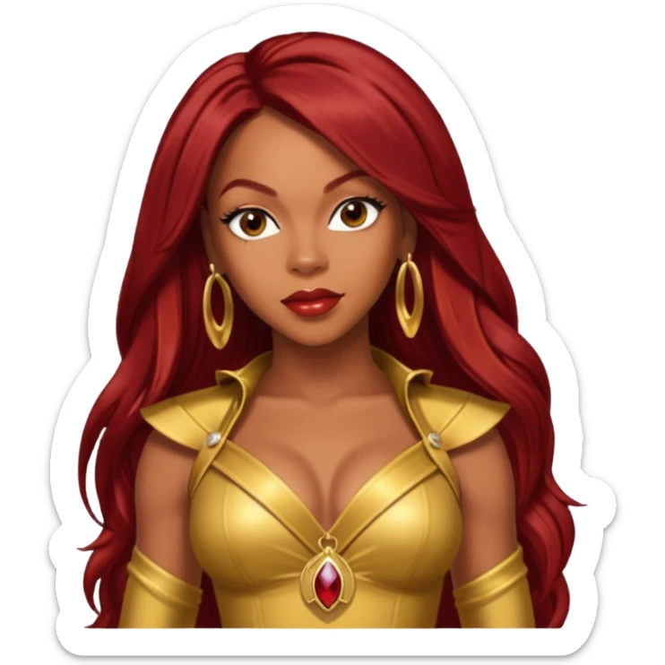 LaTavia Robeson from Destiny's Child with dark red long hair, gold outfit sticker