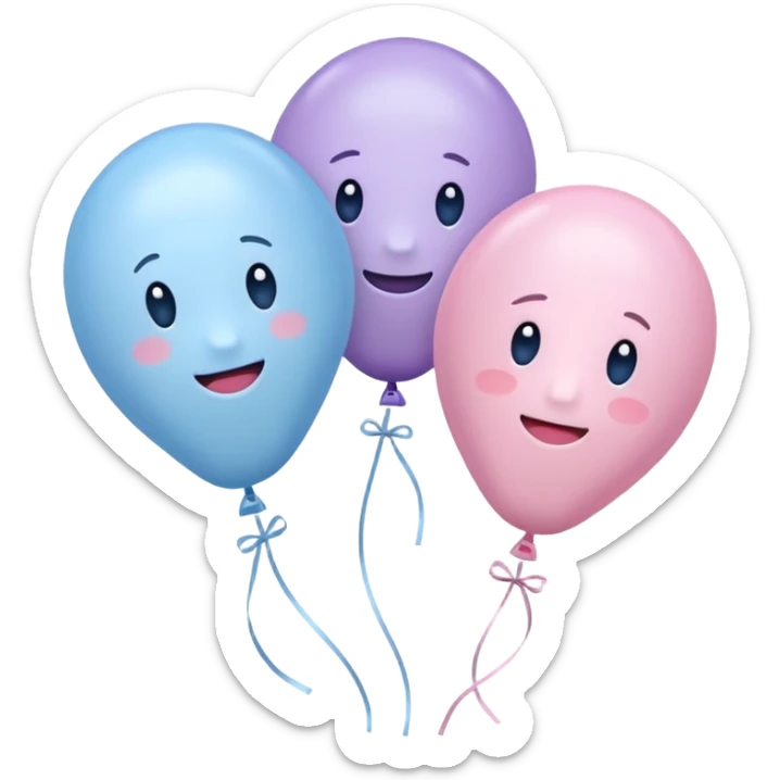 Three balloons emoji, each of the balloon's color is light pastel blue, pastel pink, and pastel purple. Three balloons. Cute IOS emoji style. sticker