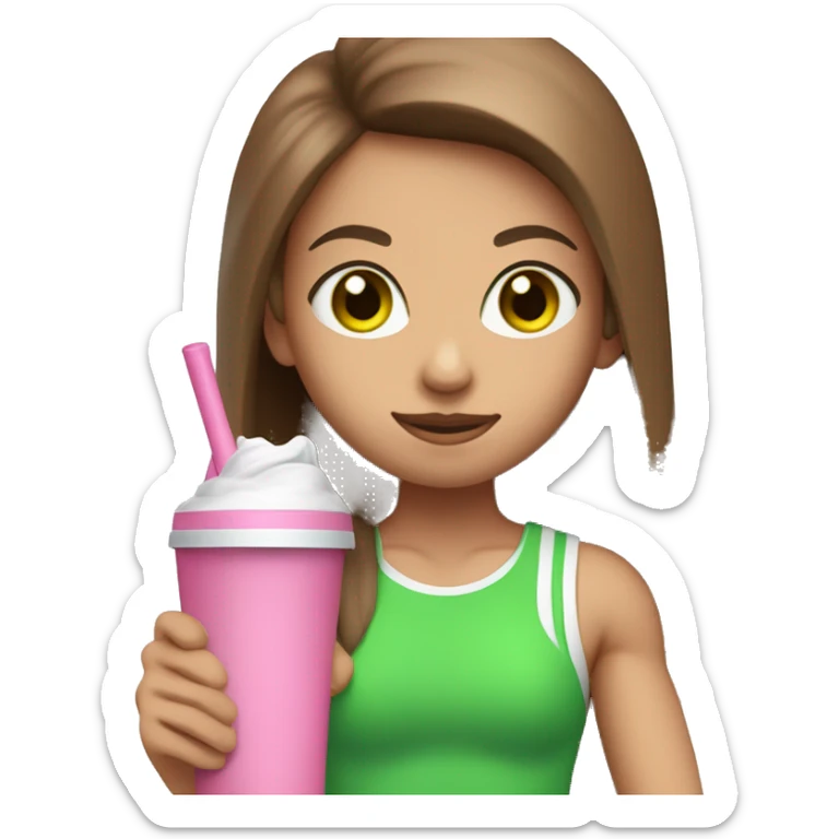 a girl with brown long straightened hair and with Green eyes with pink leggings and pink sports top with a protein shake in her hand sticker