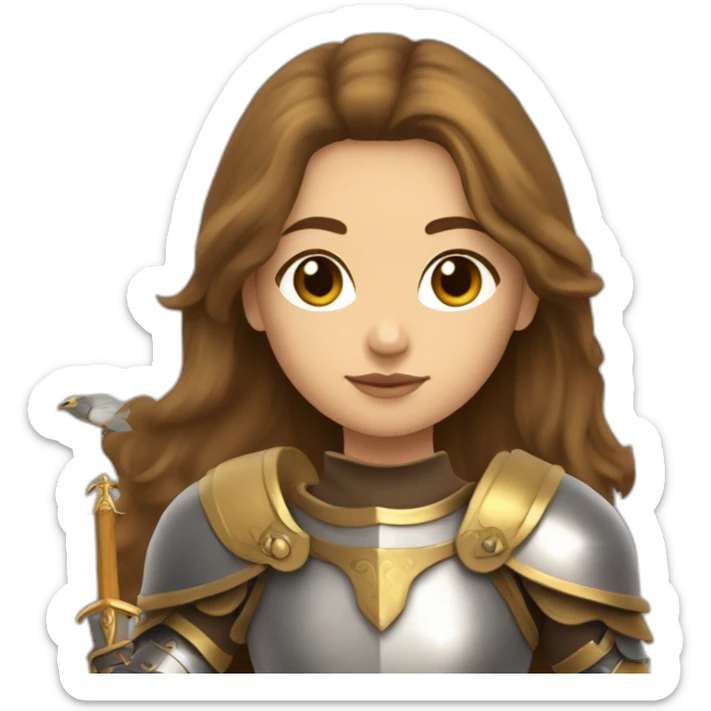 lady knight with bird chest plate and long brown hair golden eyes tan skin holding a sword sticker
