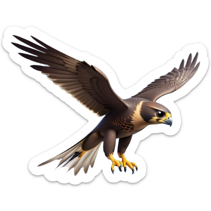 cinematic-peragrin falcon-realistic-full-body-diving-emoji,-sleek-aerodynamic-frame-plummeting-through-the-air-with-lightning-speed,-razor-sharp-talons-poised-for-the-strike,-feathered-wings-angled-for-maximum-precision,-keen-dark-eyes-locked-onto-its prey sticker