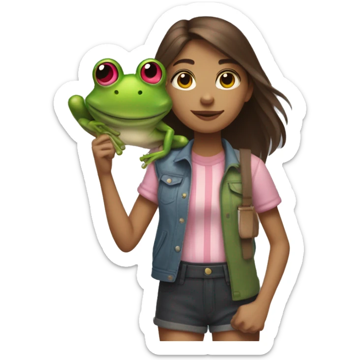a girl who lives in brixton with medium length brown hair, with a pink streak through it, who is standing with a frog on her shoulder sticker