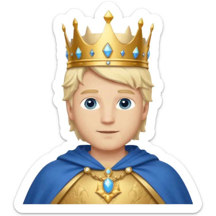 1 White king, blond hair, blue eyes, kind and benevolent vibe, gentle smile, wearing a crown and blue cloak emoji sticker