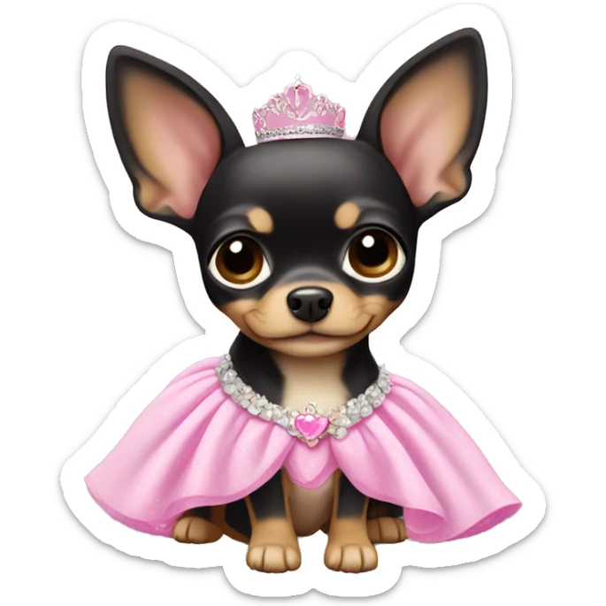black & tan chihuahua puppy wearing a pink princess dress sticker