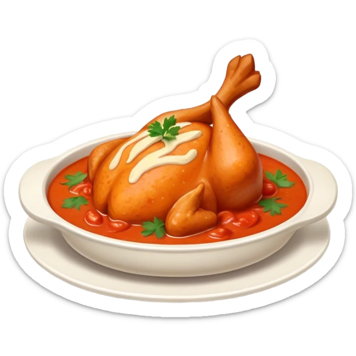 Cinematic Realistic Butter Chicken Dish Emoji, depicted with tender chicken simmered in a creamy tomato‚Äêbased sauce rendered with rich textures and dynamic, appetizing lighting. sticker