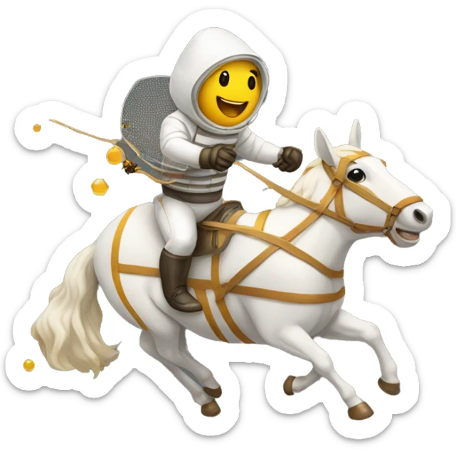 beekeeper wearing a fencing Veil riding a horse with small honey chasing him sticker