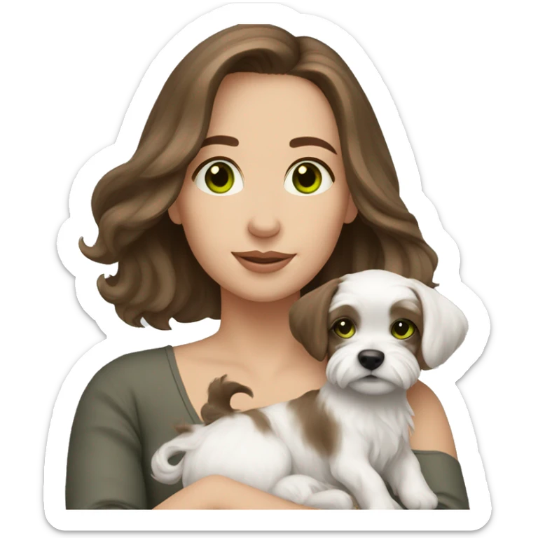 A Woman with brown hair and green/grey eyes and cuddle with a dog maltese  sticker