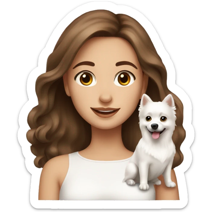 beautiful girl with brown hair with her cream-white spitz dog sticker