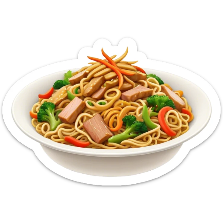 Cinematic Realistic Chow Mein Dish Emoji, showcasing stir‚Äêfried noodles with crisp vegetables and tender meat, rendered with lifelike detail and vibrant, dynamic lighting. sticker