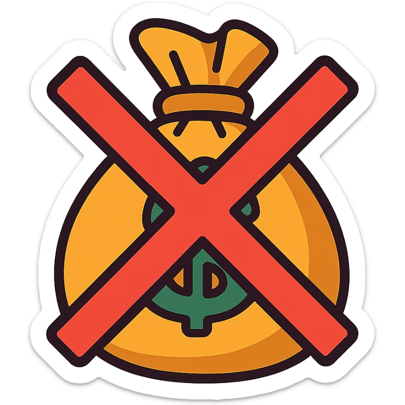 a cartoon-style sack of cash with a red X over it, vibrant colors sticker