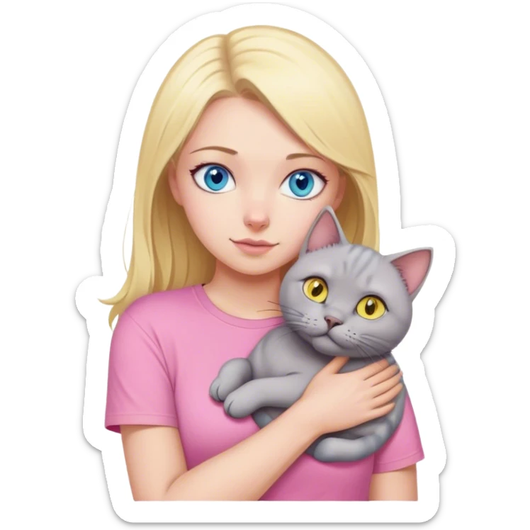 A blonde with blue eyes in a pink T-shirt hugs her big grey British cat with yellow eyes sticker