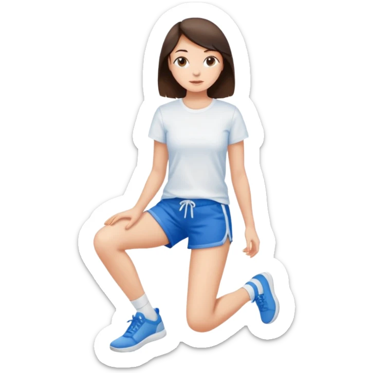 brunette girl in blue shorts and a white t-shirt sits on a longitudinal split sticker