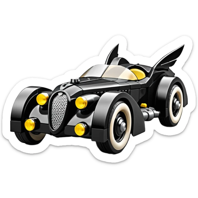  the animated series aerodynamic Lego opulent dark knight futuristic concept Batmobile loosely based on 1936 cord 812 jaguar(flat long straight faceted mechanical body) winged stealthy street hot rod  sticker