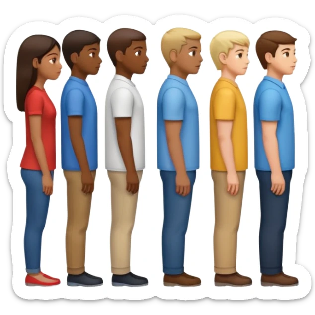 A line of 5 people standing in profile, one behind the other, all facing to the right, fourth variation sticker