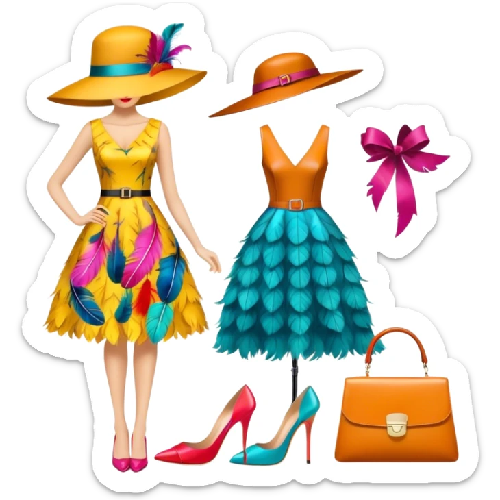 Icon for Fashion Design: a clothing pattern, a stylish hat, a bright dress, shoes, and a handbag, with measurements, a measuring tape, and a pencil. The icon should represent the creative and precise process of fashion design. Transparent background. sticker