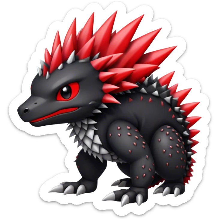 Cute cool black red white animal hybrid Fakemon full body, detailed, spiky, scaly, edgy sticker