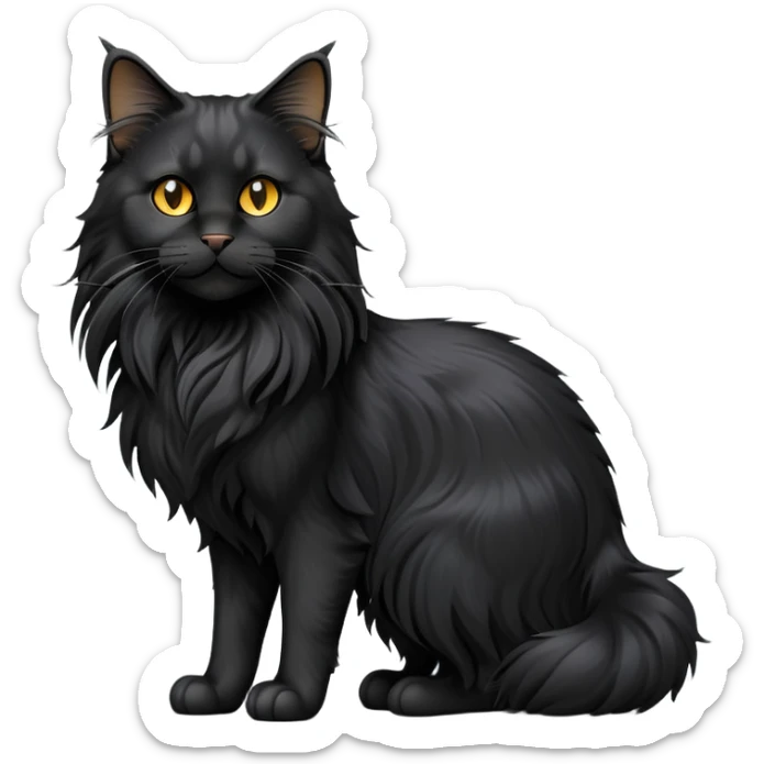 cinematic-black-maine-coon-cat-full-body-on all fours-emoji,-head-tilted-playfully-and-inquisitively,-sleek-solid black-fur,-simplified-yet-adorable-features,-highly-detailed,-glowing-with-a-warm,-friendly-glow -simplified-yet-realistic sticker