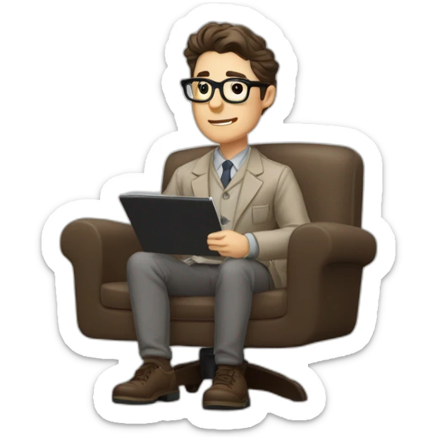 Pale skinned Fit Man With dark brown hair in gray jacket, beige office shirt, Brown pants and vintage glasses sitting In a soft chair with a notebook on spring with emblem Ψ and a pen sticker