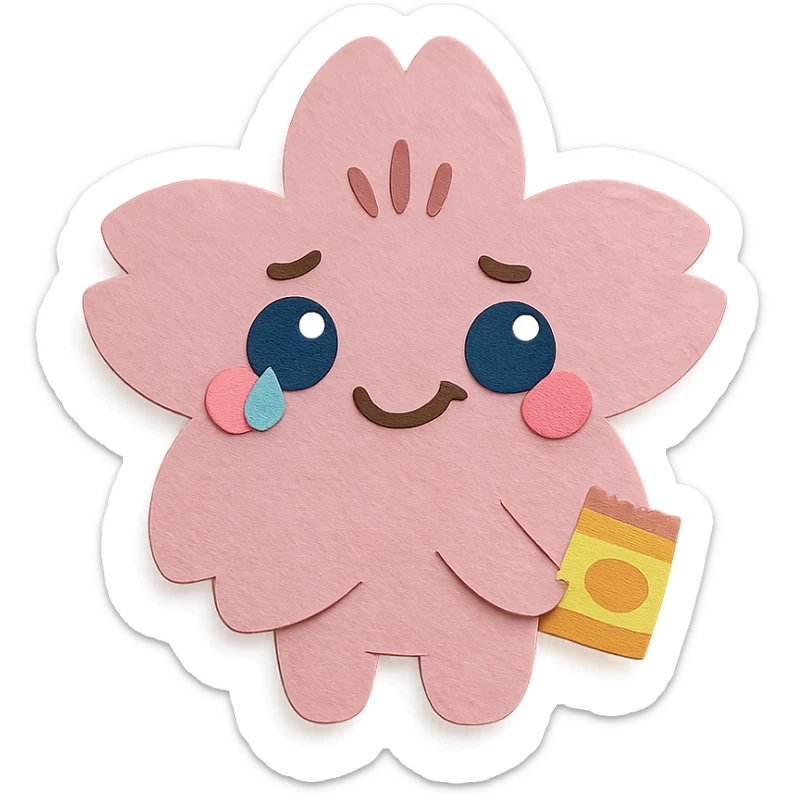 baby pink cherry blossom flower with teary eyes and a mischievous smile, hiding snacks behind its back, soft chubby body, kawaii face, paper-craft style sticker
