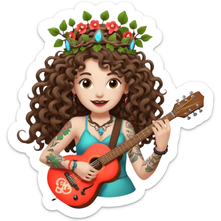 woman with long curly brown hair, brown eyes, white skin, tattoos, wearing a mushroom crown and tuning a neon vine guitar, mischievous rock grin sticker