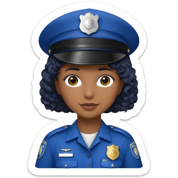 A female police officer with medium-dark skin tone, wearing a dark blue police cap with a silver badge in the center, short curly black hair showing from under the cap, large brown eyes, and a slight smile. sticker