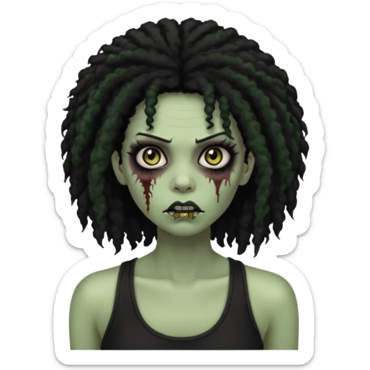 a female zombie with sage green skin, black long afro hair, eyelashes and a black tank top sticker