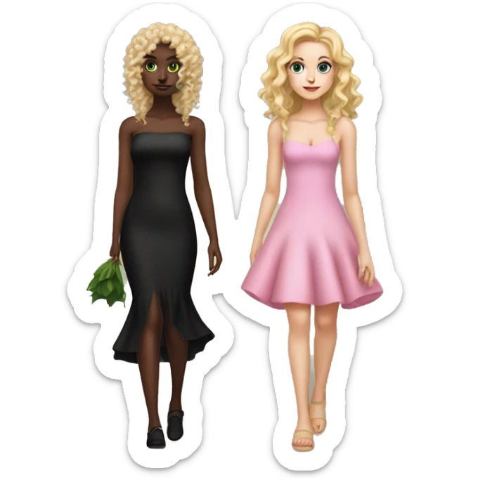 White girl with curly blonde hair (half up half down) in short free pink dress walking with green skin girl with dark fishtail styled hair and long black dress accompanied with black witches hat   sticker