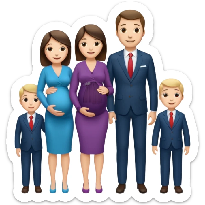 I want a couple. Only the wife is pregnant. Both the husband hand wife family are stand behind them. No kids sticker