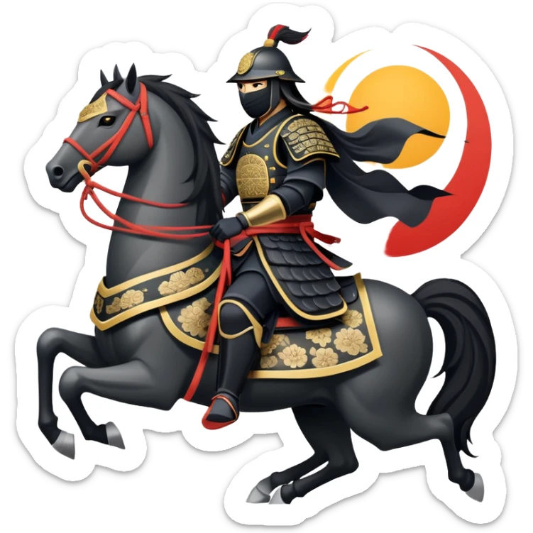 clash-of-clans-aesthetic_-cinematic-fearsome-and-majestic-samurai-bust-portrait-emoji, rendered in a flat, vector-style with minimal shading and bold, simplified shapes typical of emoji art, depicting a battle-hardened samurai with black mask and traditional black Japanese armor. The samurai is riding a noble grey warhorse adorned with an intricately designed saddle and fluttering banners and a rising sun. a samurai riding on a  horse sticker