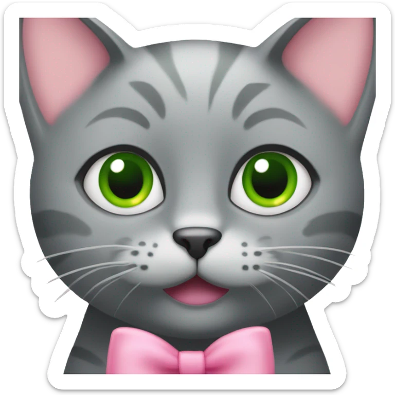 gray cat with cute green eyes with pink bow on the side of the head sticker