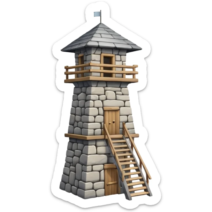 A tall stone watchtower with wooden balcony near the top. sticker