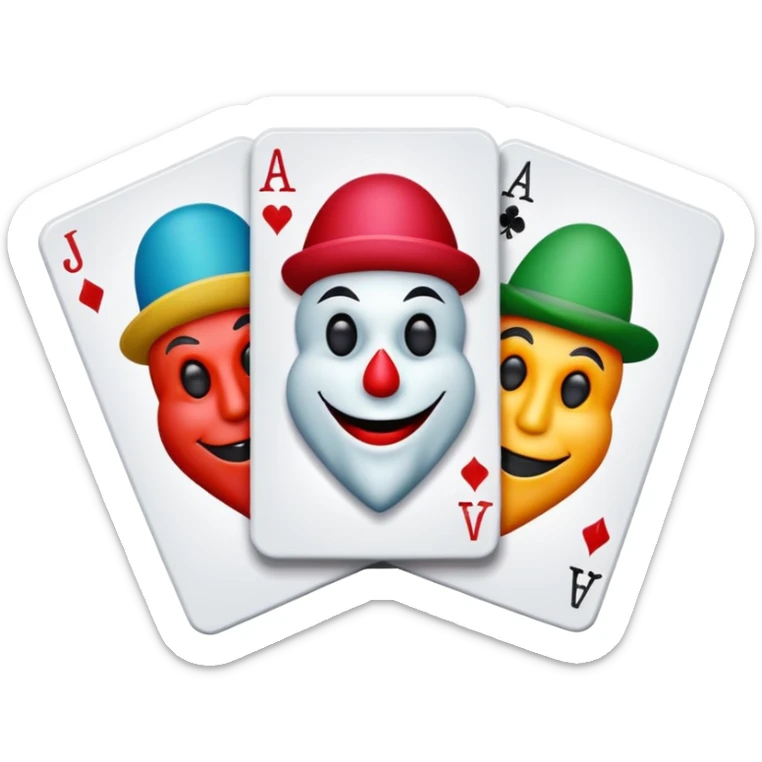 bunch of 3 poker cards, with crazy colorful jolly jokers inside, inversed face sticker