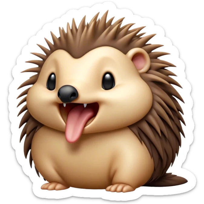 Cinematic Cute Yawning Echidna Portrait Emoji, Head tilted slightly with a dramatic, wide-open yawn, showcasing a soft, downy spiky fur with a slightly drooping snout and small, drowsy eyes, Simplified yet irresistibly adorable features, highly detailed, glowing with a soft, cozy glow, high shine, relaxed yet expressive, stylized with a touch of prickly whimsy, bright and endearing, soft glowing outline, capturing the essence of a sleepy yet affectionate echidna, so drowsy it feels like it could curl up out of the screen for a nap! sticker