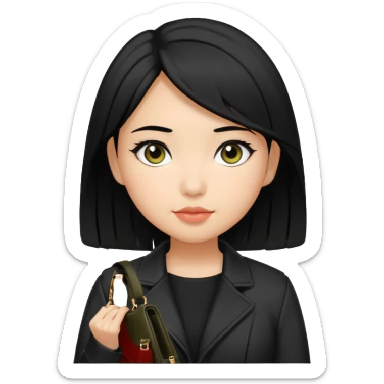 A girl with a pony tail black hair and olive skin, Asian eyes, with a black jacket and a black purse  sticker