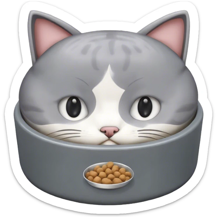cute cat food bowl, the food is piled on top of the bowl where it is so full. The colour of the bowl is grey and the kibble in the bowl is white. sticker