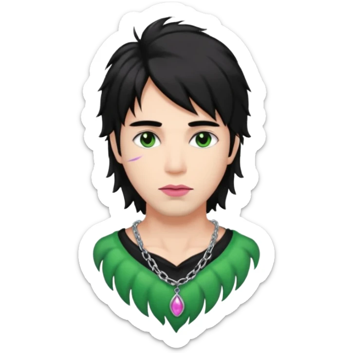 man with brown eyes, black long shaggy hair, eyeliner, pink plump lips, green stained neck from a silver chain necklace sticker