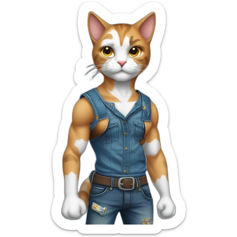 Meowscles is a muscular and humanoid calico cat in blue jeans. He has a heart with "Lynx" written inside of it tattooed on his right bicep. sticker