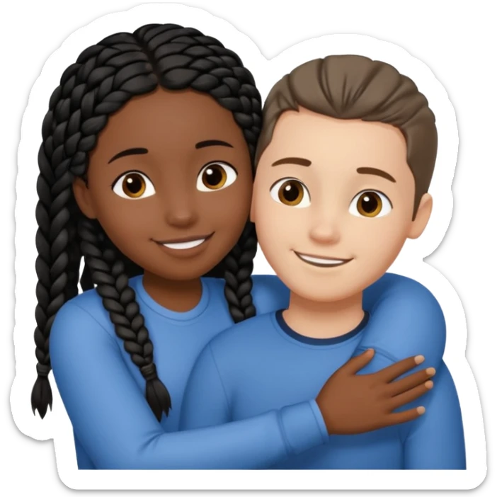 Dark black girl with black braids and dark tan white boy with curvy straight brown hair, they are hugging and smiling, and touching each other with their hands sticker