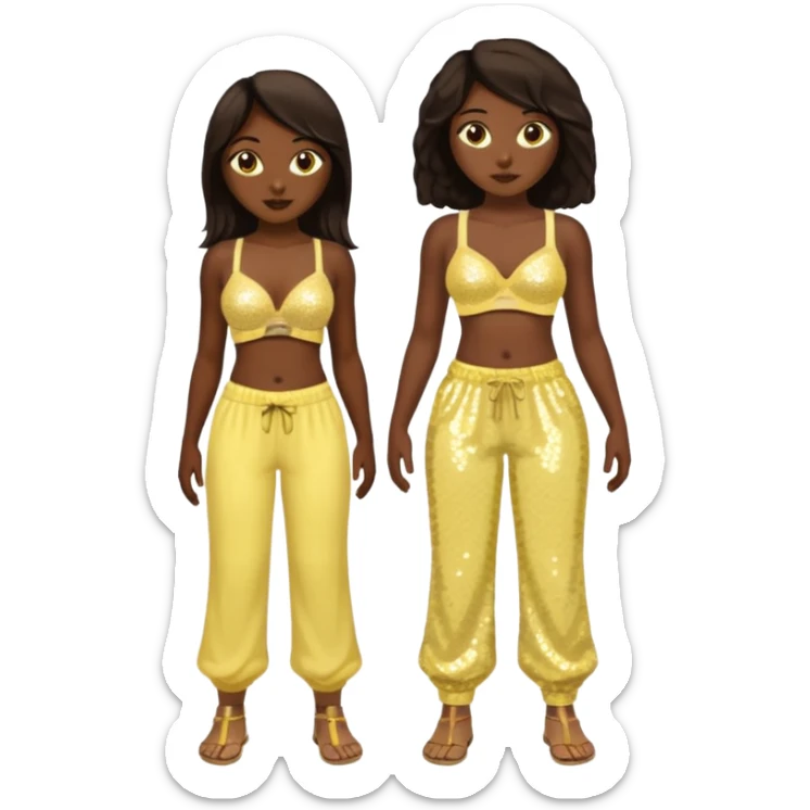 Sasha from Bratz with long dark brown hair, pale yellow bra, pale yellow sequin baggy pants, dark skin sticker