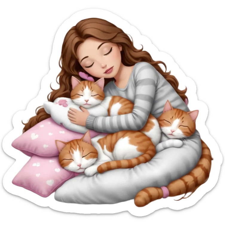girl with long wavy brown hair, brown eyes, long lashes makeup, sexy pink lips, light to medium complexion,  sleeping on a cozy pillow, with 6 cats: 1 brown and white tabby cat, 1 ginger and white, 2 grey and white, 1 grey has white mittens and small white patch on its chest and 1 calico, sleeping sticker
