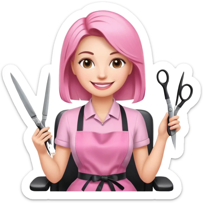 smiling woman client in pink apron sitting in salon chair, female hairstylist smiling behind with scissors sticker