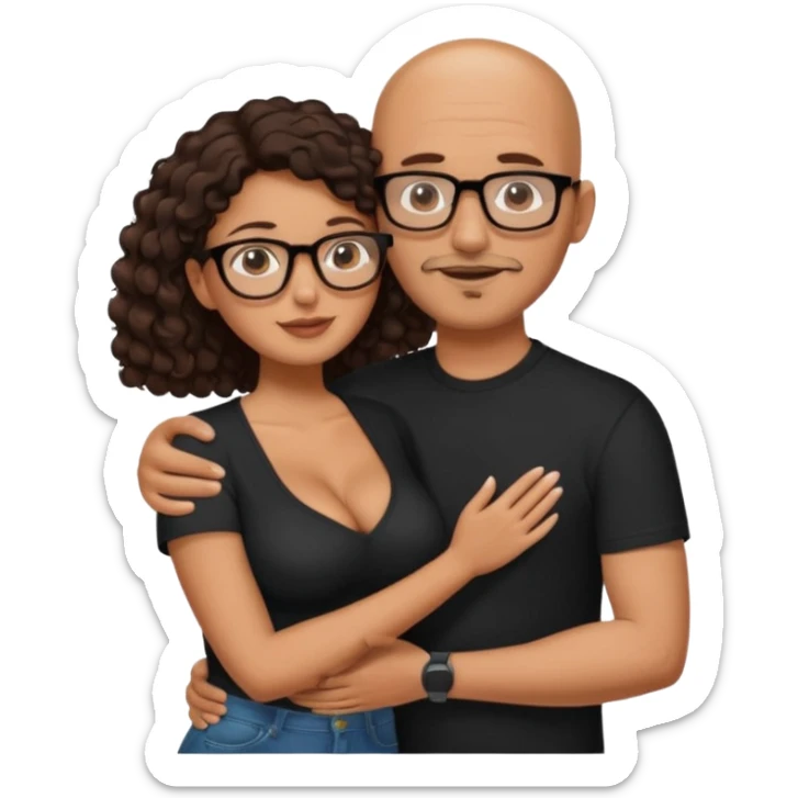 A picture of an embracing tanned couple. the man is a Mexican man with tanned skin, NO GLASSES, with a bald hair cut, short beard and wearing a black shirt. the woman is short with long curly dark brown hair and with big boobs. Put glasses on the woman.  sticker