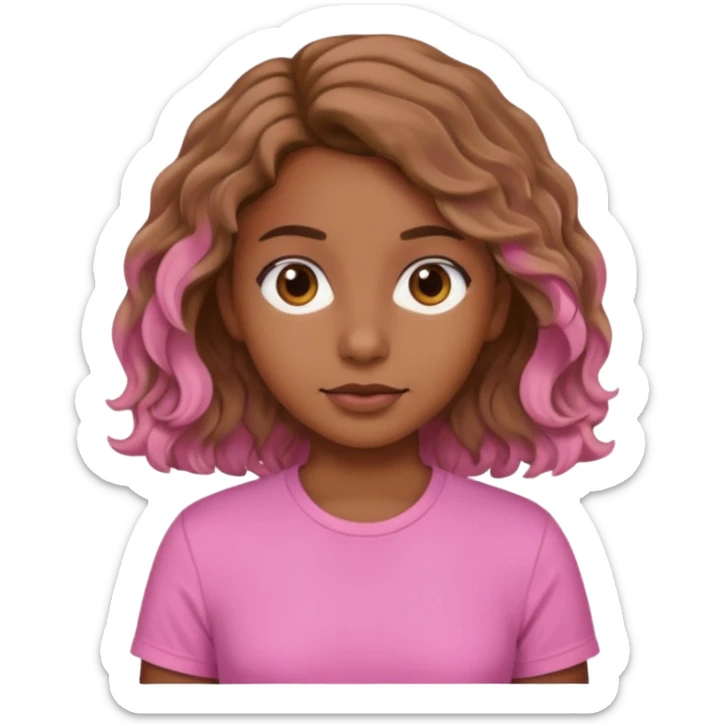 A brown skinned girl with light brown wavy hair wearing a pink shirt sticker